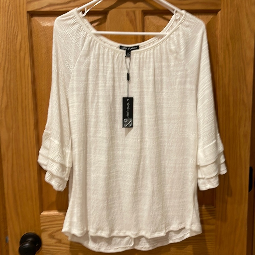 Cable and gauge off white ‘linen like’ women’s large shirt 3/4 sleeves